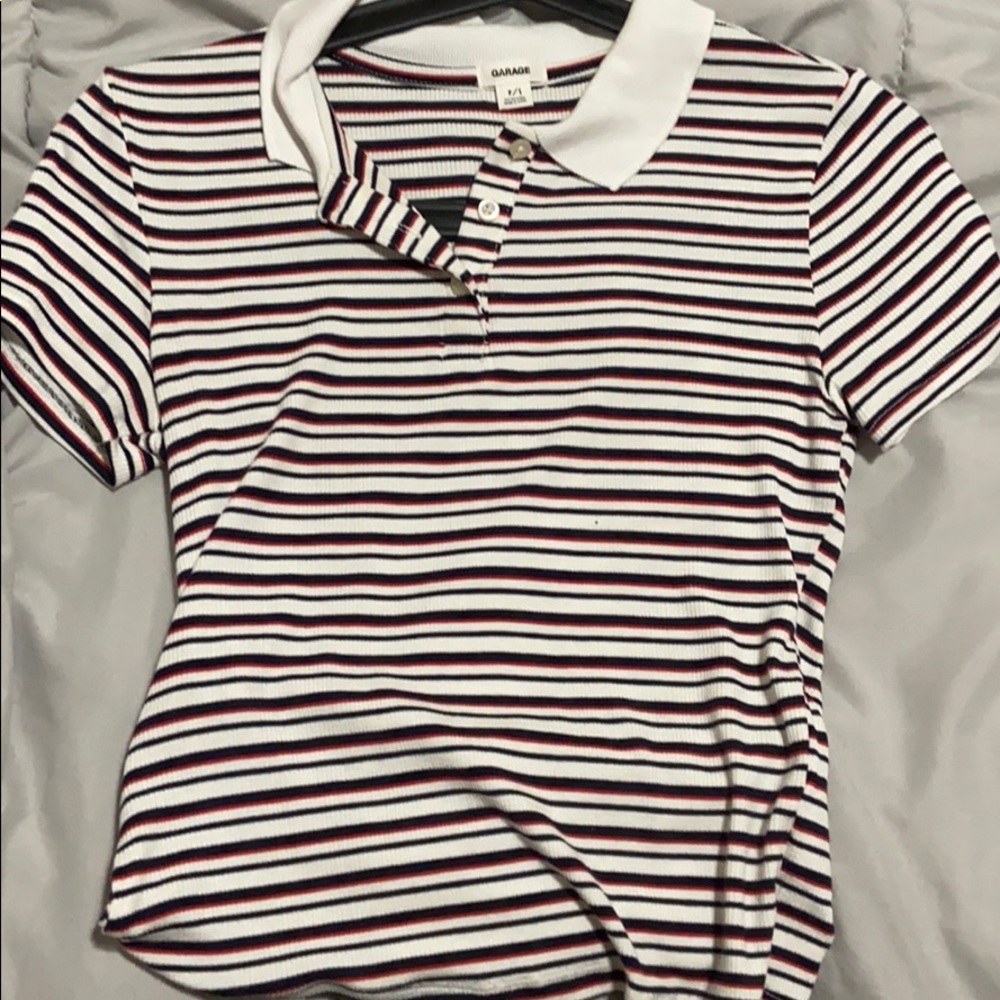 Striped red and white collared shirt